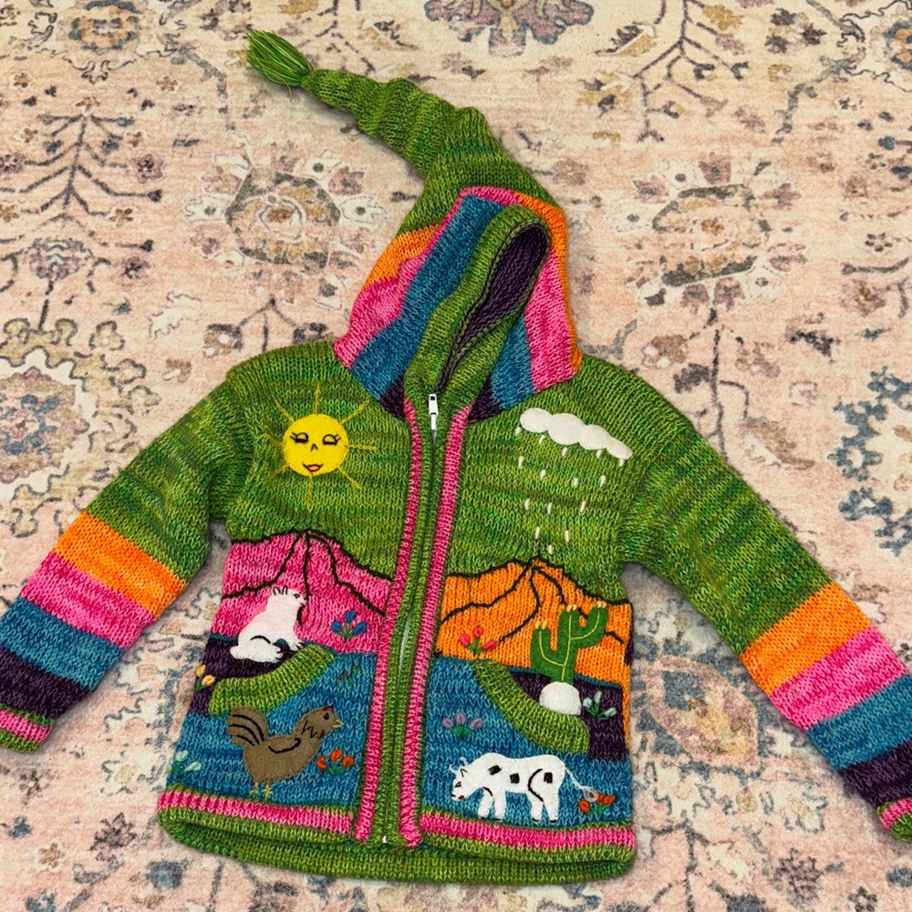 Colorful Knitted Hoodie with Nature Motifs